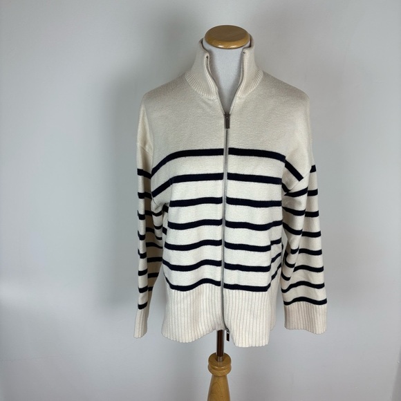 Zara Striped Knit Cardigan Zip Sweater in ivory/navy Size S - Picture 2 of 6